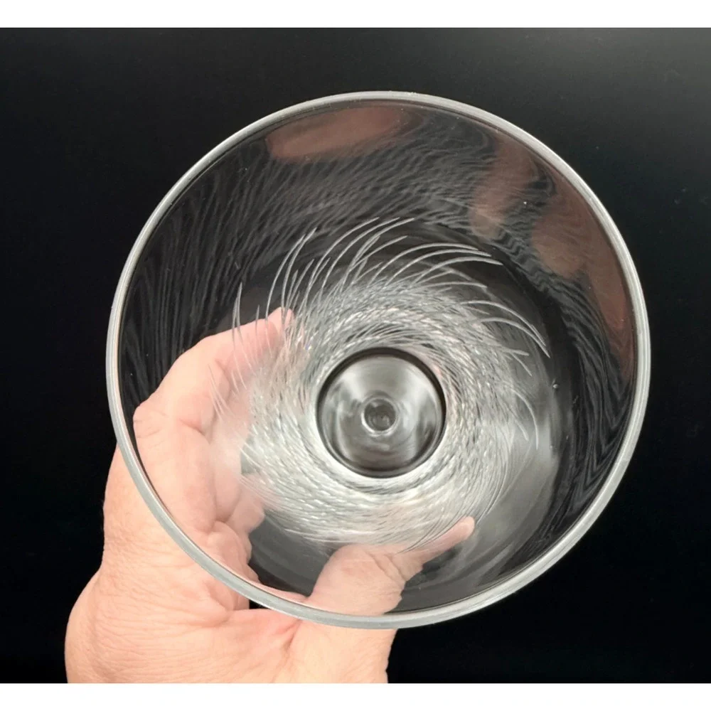 1970s Flat Bottom Short Stem Cocktail Water Glasses Hand Etched Lines Reeds Set